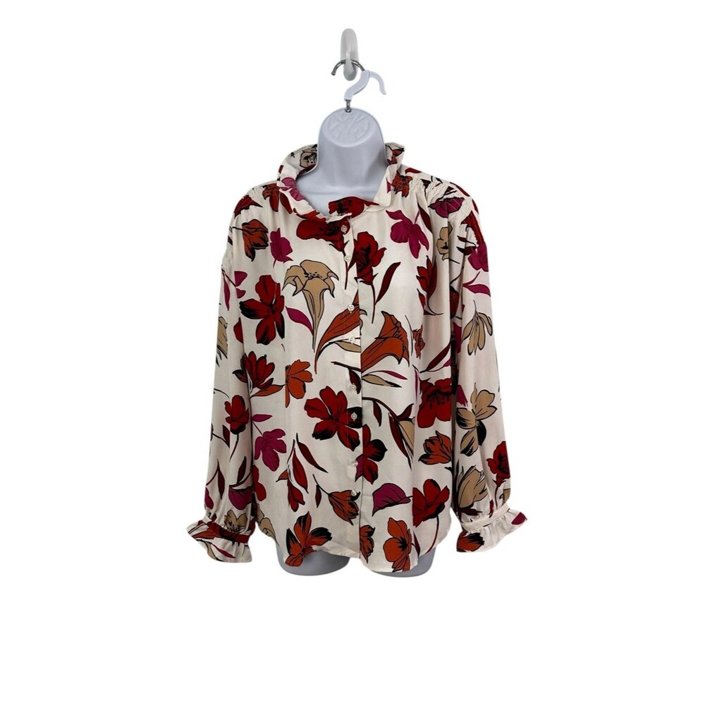 Ann Taylor Size Medium Floral Button Down Ruffle Neck & Sleeve Blouse Multicolor